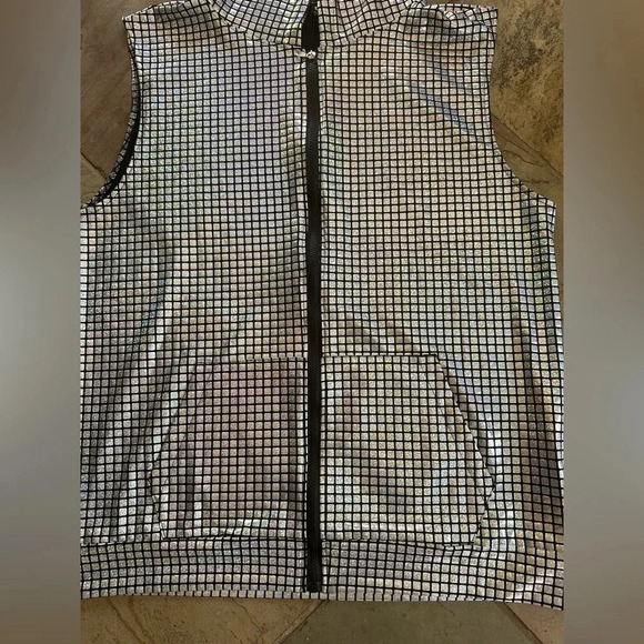 ZeroYaa Men’s Silver Sequin Metallic Grid Zip Hoodie Vest Size Large - Picture 3 of 7